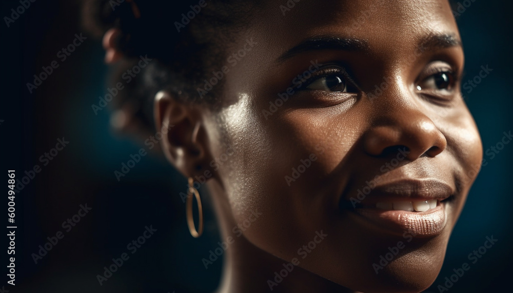 Beautiful African woman smiling with confidence indoors generated by AI Beautiful African woman smiling with confidence indoors generated by AI