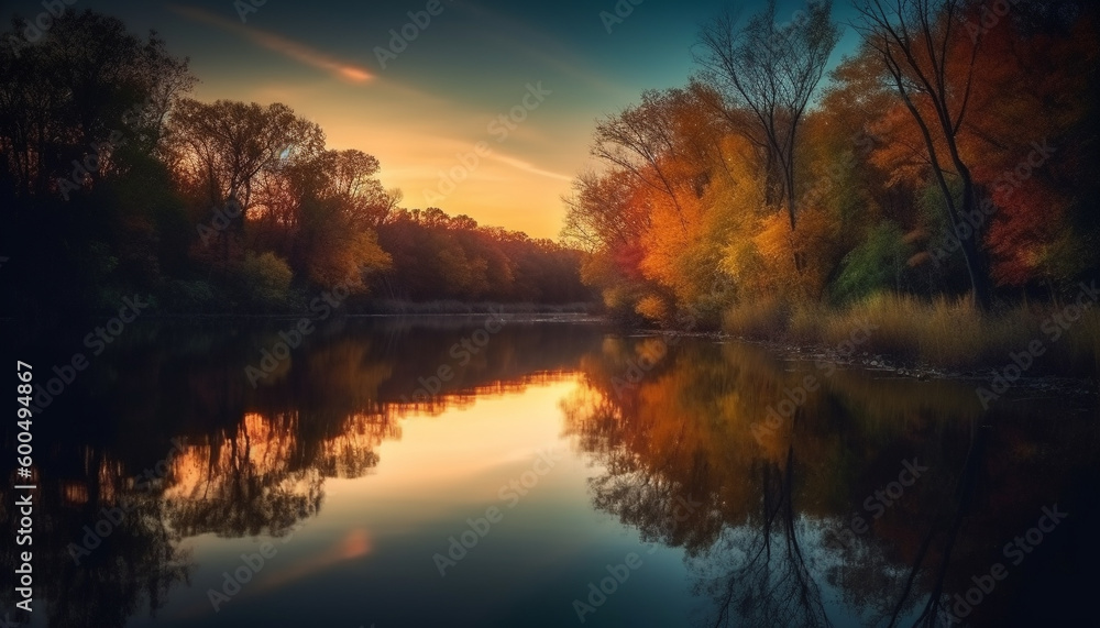 Golden leaves reflect in tranquil autumn pond generated by AI