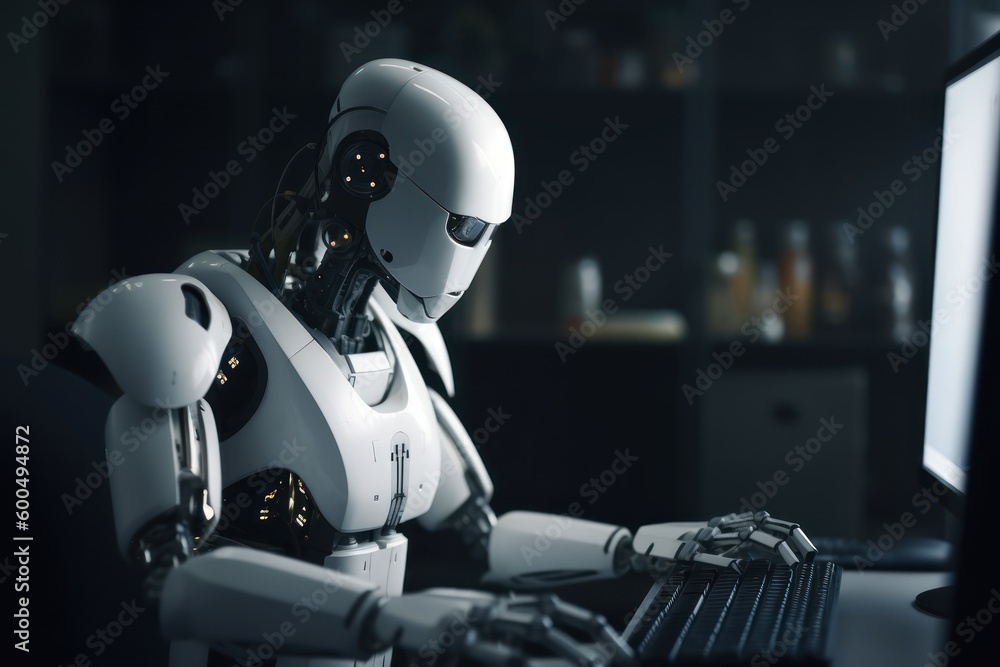 Robot sitting in front of computer Robot sitting in front of computer