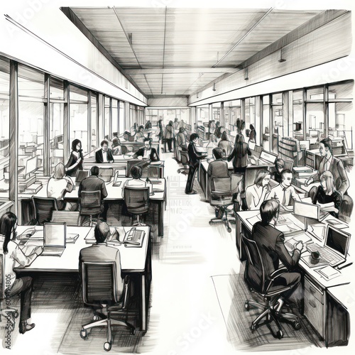 People in open plan office - Charcoal drawing - Generative AI