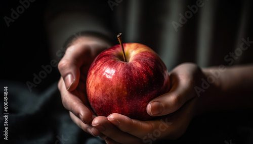 Hand holding juicy apple, promoting healthy eating generated by AI