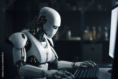 Robot sitting in front of computer