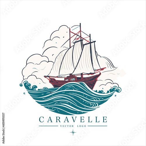 Sailing boat, caravelle, frigate on the water, vector logo emblem in asian style