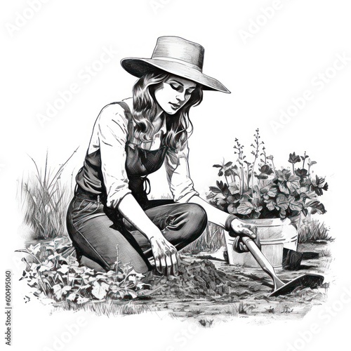 Woman doing gardening - Charcoal drawing - Generative AI