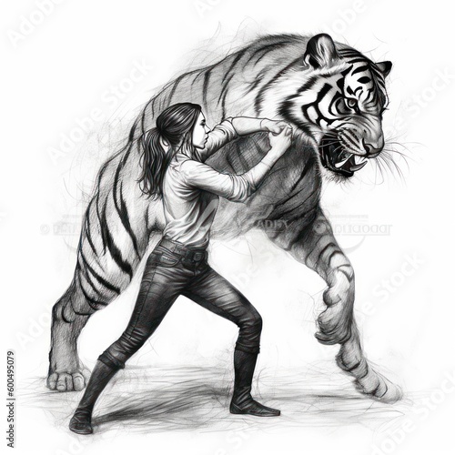Woman fighting against tiger - Charcoal drawing - Generative AI © WORLDGRAFX