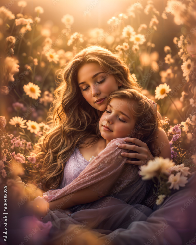A mother and daughter hugging each other. A mother's day special Generative AI illustration.