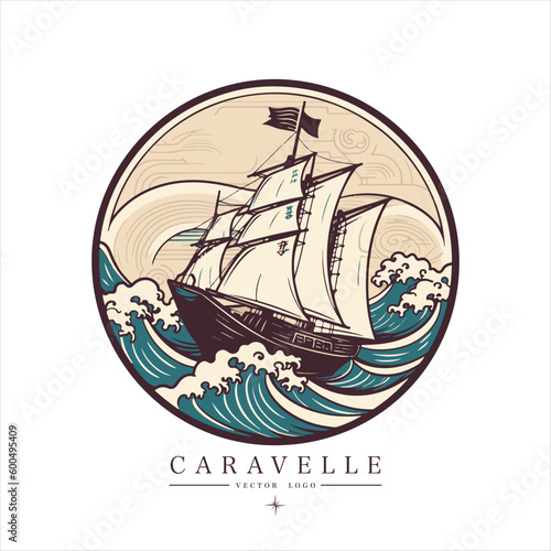 Sailing boat, caravelle, frigate on the water, vector logo emblem in asian style.