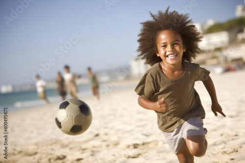 Summer mixed race black boy playing soccer on the beach