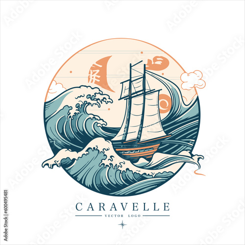 Sailing boat, caravelle, frigate on the water, vector logo emblem in asian style.