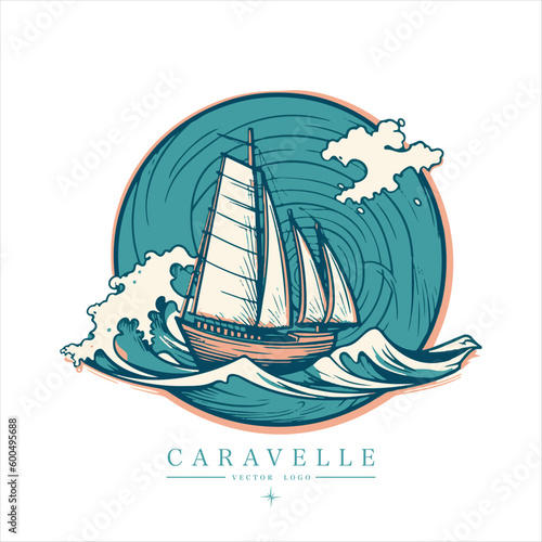 Sailing boat, caravelle, frigate on the water, vector logo emblem in asian style.