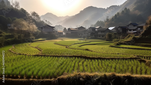 A village in the mountains with a village in the background