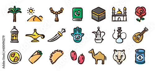 Saudi Arabia icon set (Hand-drawn line, colored version)