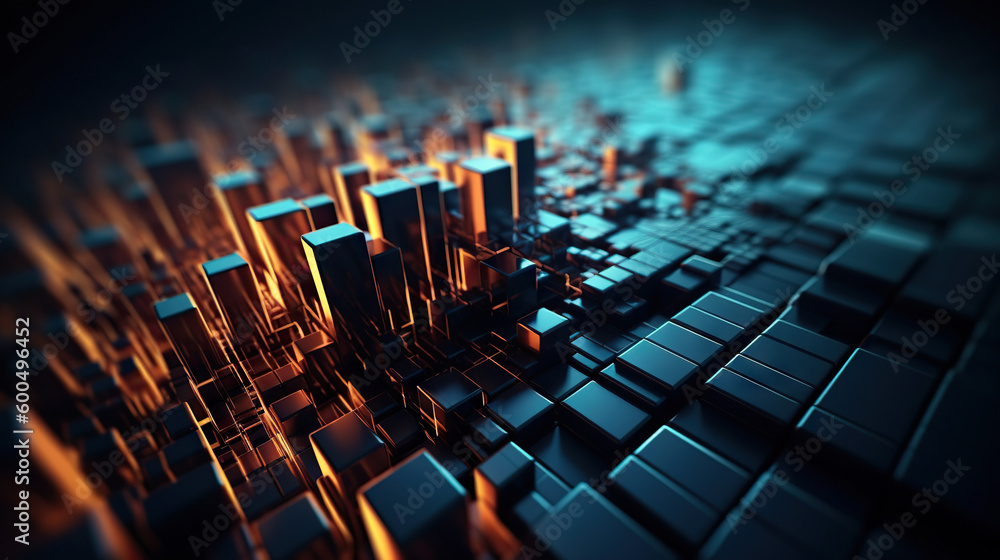 Fototapeta premium Modern digital abstract 3D background. Can be used in the description of network abilities, technological processes, digital storages, science, education, etc. Copy space. Based on Generative AI