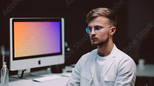 A man in a white coat sits in front of an apple computer. photo