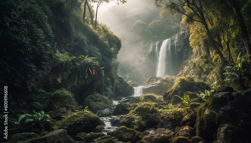 Majestic waterfall drops in tranquil tropical ravine generated by AI