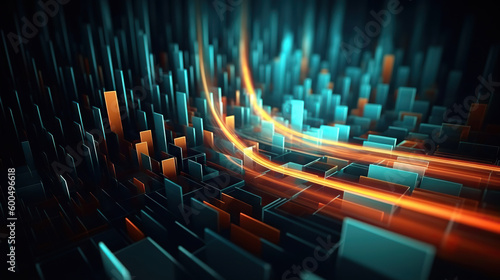 Modern digital abstract 3D background. Can be used in the description of network abilities, technological processes, digital storages, science, education, etc. Copy space. Based on Generative AI