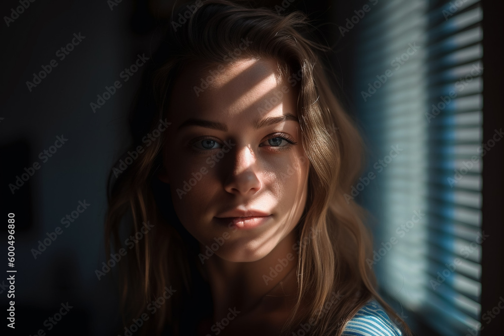 A woman with blue eyes and a striped shirt is standing in front of a window A woman with blue eyes and a striped shirt is standing in front of a window