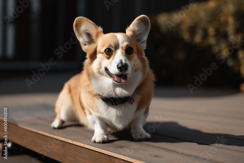 A corgi dog sits on a wooden deck