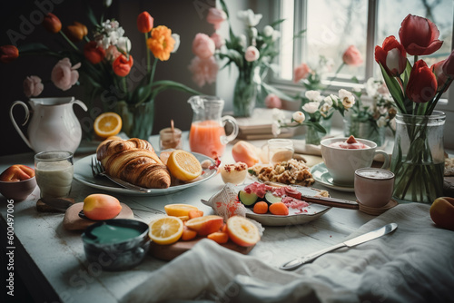 A table full of breakfasts and a vase of flowers