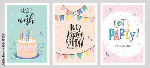Set of birthday postcards with confetti, garlands, cake and candles. Invitations, happy birthday. Vector templates great for card, poster, flyer or banner