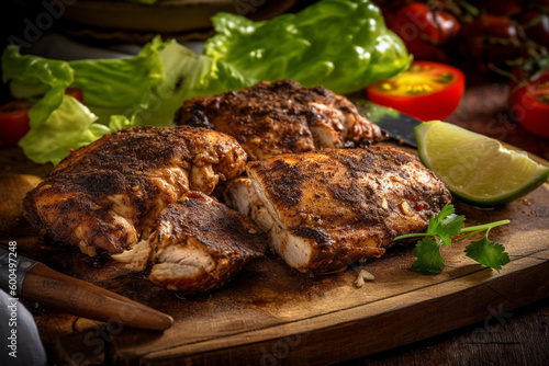 A plate of grilled pork with vegetables and tomatoes