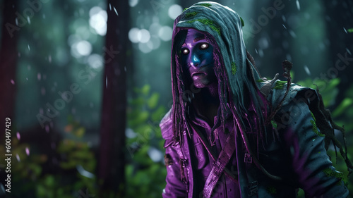 A woman in a purple hoodie stands in the rain in a forest.
