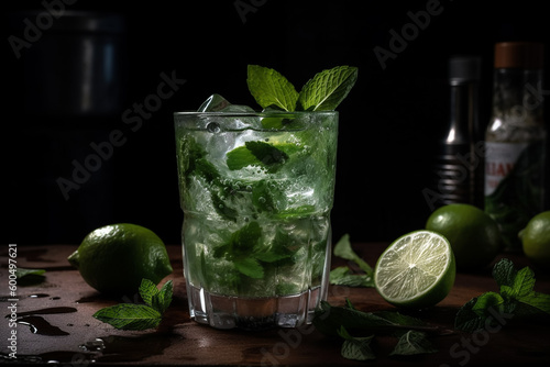 A glass of mojito with mint leaves on a table
