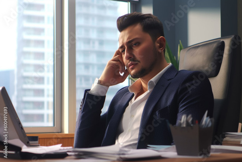 A man in a suit sits at a desk in front of a window with a cityscape in the background. Generative Ai