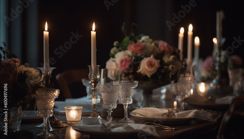 Elegant wedding celebration with candlelight and champagne generated by AI