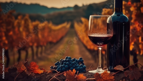 Autumn's Delight: Captivating Red Wine and Grapes Table by a Vineyard, Embrace the Richness of the Harvest Season. AI Generative