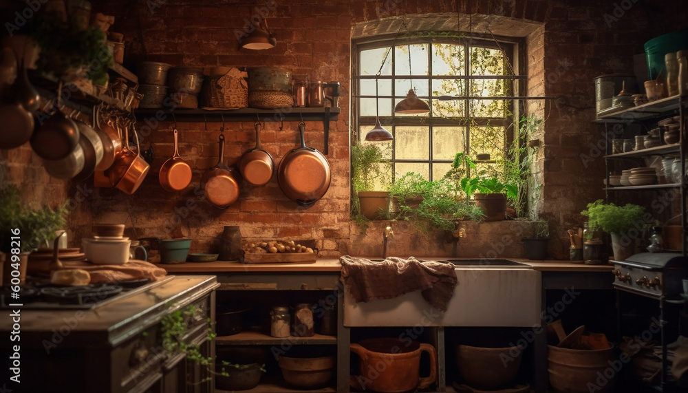 Rustic kitchen shelf displays old fashioned pottery collection generated by AI Rustic kitchen shelf displays old fashioned pottery collection generated by AI