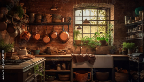 Rustic kitchen shelf displays old fashioned pottery collection generated by AI