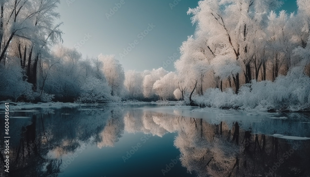 Tranquil winter forest, blue reflection on frozen pond generated by AI