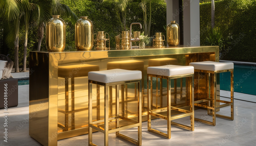 Modern indoor bar with wooden chairs and glassware generated by AI