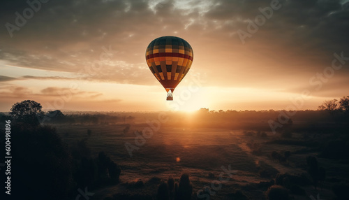 Levitating balloon soars high, nature beauty below generated by AI © djvstock