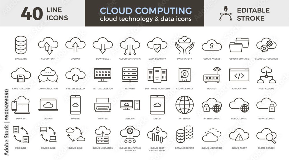 40 vector thin line icons related with cloud computing, technology, infrastructure and data. Editable stroke - obrazy, fototapety, plakaty 