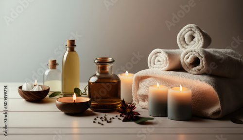 Serene Relaxation Haven. Empty background with a massage table adorned with towels, candles, and aromatherapy oils. Copy space for text. Spa retreat, wellness AI Generative