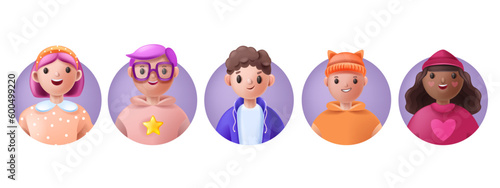 3D kid avatar set, child cute face smile icon, vector young school teen boy girl cartoon character. Diverse kindergarten head collection, happy student team portrait profile clipart. Kid avatar kit