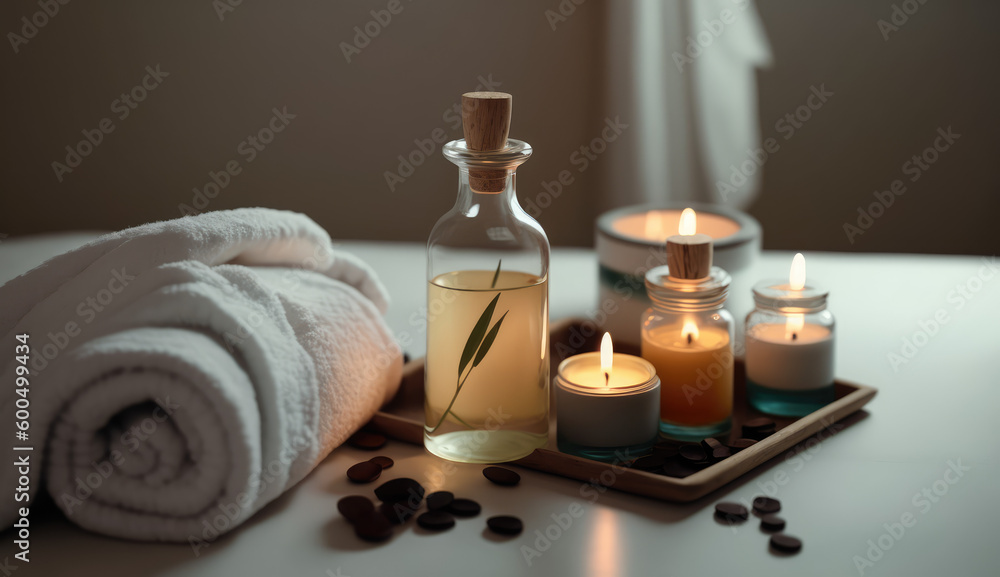 Serene Relaxation Haven. Empty background with a massage table adorned with towels, candles, and aromatherapy oils. Copy space for text. Spa retreat, wellness AI Generative Serene Relaxation Haven. Empty background with a massage table adorned with towels, candles, and aromatherapy oils. Copy space for text. Spa retreat, wellness AI Generative