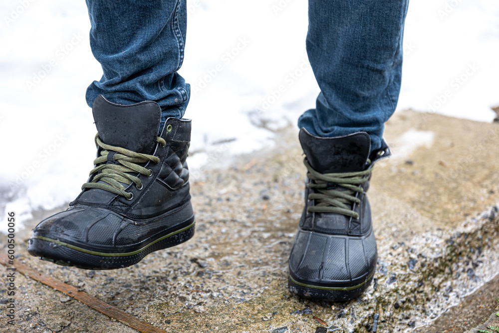 Quality waterproof boots for bad weather, close-up.