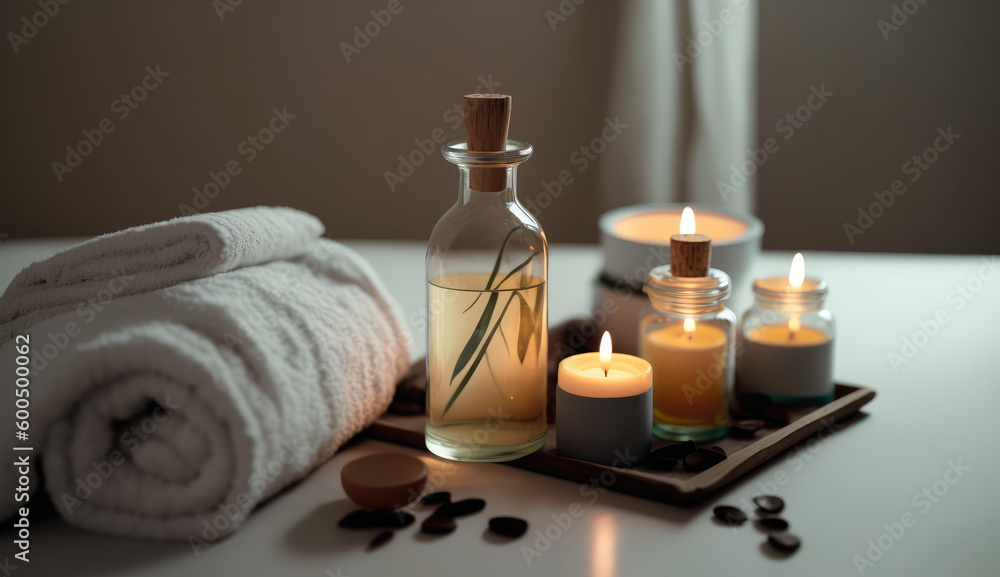 Serene Relaxation Haven. Empty background with a massage table adorned with towels, candles, and aromatherapy oils. Copy space for text. Spa retreat, wellness AI Generative Serene Relaxation Haven. Empty background with a massage table adorned with towels, candles, and aromatherapy oils. Copy space for text. Spa retreat, wellness AI Generative