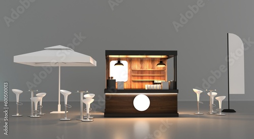 Bild auf Leinwand Kiosk stand booth market cart for sell product food drink wood decoration stainless steel construction with blank space logo company
