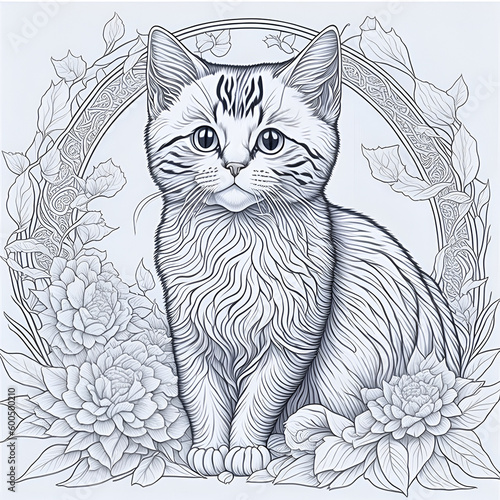 Beautiful cute cat, coloring page for adults, photo realistic, clean line art , mandala, high detailed © Generative Ai