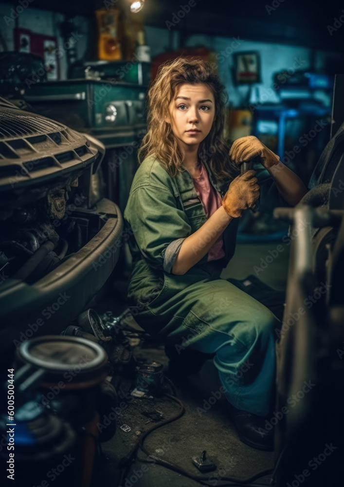 Female Mechanic Working in a Garage-Generative AI