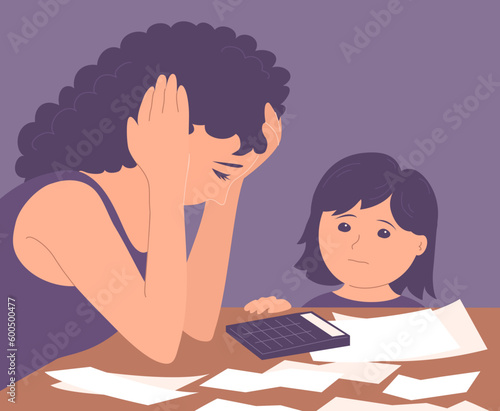 A young woman at the table counts debts and expenses. Next to a little daughter child. Family with one parent. Checks, bills and calculator. Stress and financial problem. Cartoon vector illustration