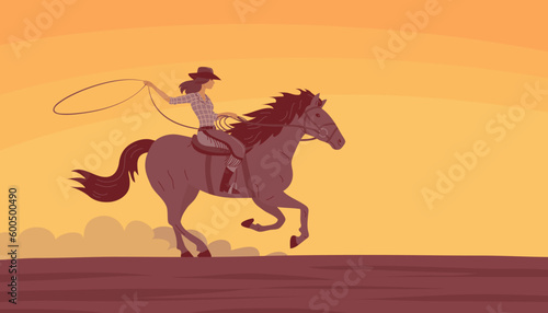 Beautiful cowboy girl in a hat rides a horse. Desert and hot sunset. Athletic agile woman swinging rope lasso. Wild West landscape, western, rodeo and horse racing. Cartoon vector illustration