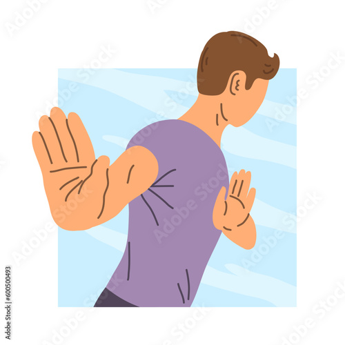 Young man resolutely refuses. Stop hand gesture. Hate, reject and respond. Human negative emotion. Cartoon vector illustration isolated on white background