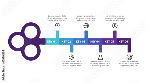 Key concept for infographic with 6 steps, options, parts or processes. Business data visualization.