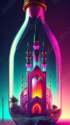 mosque in bottle glass, cyberpunk, architecture mosque 