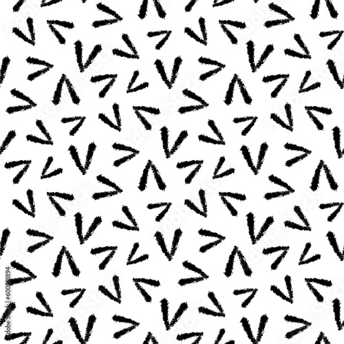 Black small ink check marks isolated on white background. Monochrome geometric seamless pattern. Vector simple flat graphic hand drawn illustration. Texture.